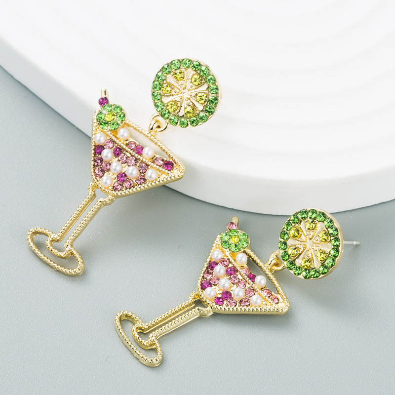 European and American fashion fight color rhinestone cocktail heart alloy pearl earrings