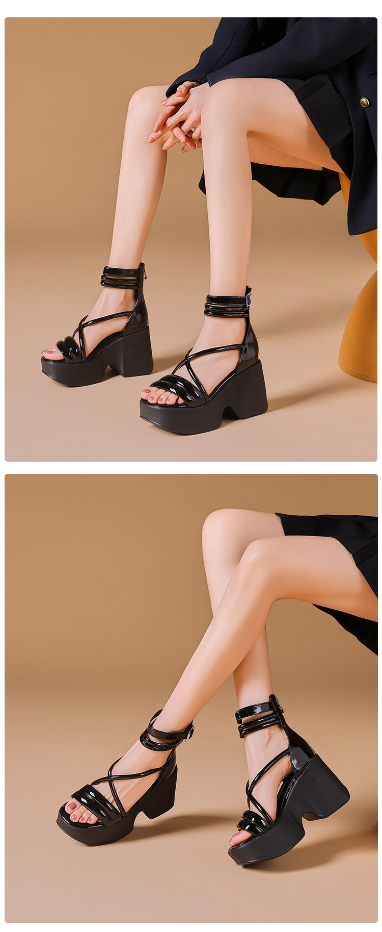 Sandal cao gót La Mã hở mũi đế platform dây kéo sau gót 10 cm — Màu đen, Màu hồng, Màu trắng be chi tiết 11
