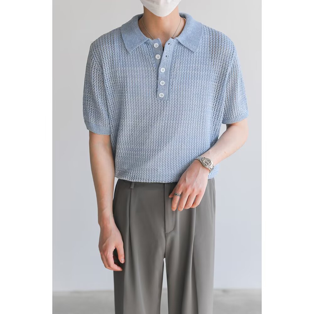 Polo camiseta de punto camiseta de manga corta camiseta de hombre solapa hueco textural viejo dinero viento hielo seda fábrica transfronteriza al por mayor