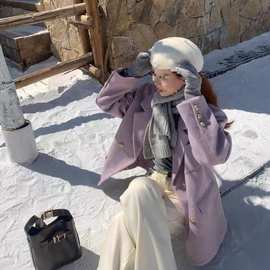 妮子小个子加厚秋冬女百搭短款毛呢外套紫色西装上衣呢子大衣