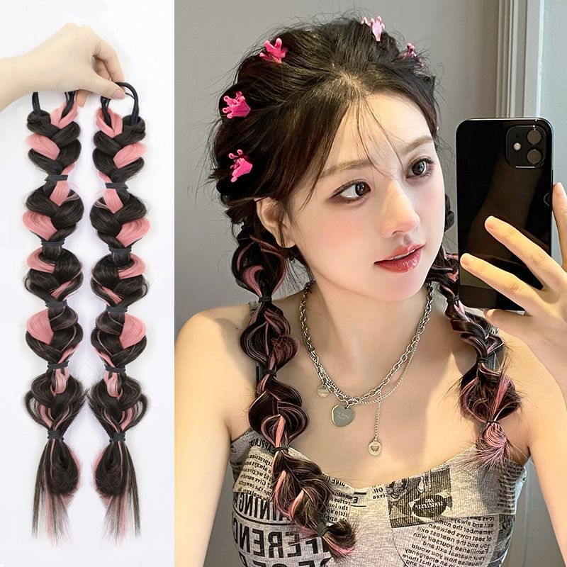 Peluca trenza teñida trenza torcedura femenina Pelo Largo Cola de Caballo trenza falsa chica caliente trenza de burbujas colorido trenza sucia doble cola de caballo