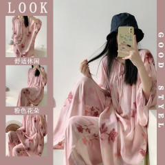 女性用夏用パジャマ、女性用ホームウェア、薄手の七分袖パンツスーツ、女性用ナイトガウン