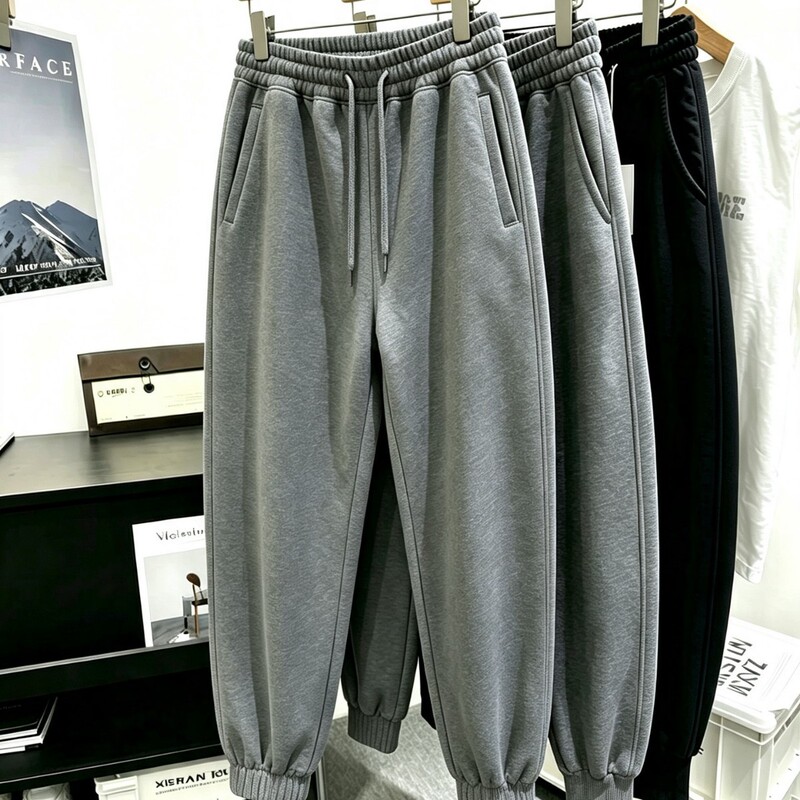Dark gray autumn and winter fleece-lined thickened jogger sweatpants for men, simple embroidered loose casual pants, fleece cuffed sports pants Dark gray autumn and winter fleece-lined thickened jogger sweatpants for men, simple embroidered loose casual pants, fleece cuffed sports pants