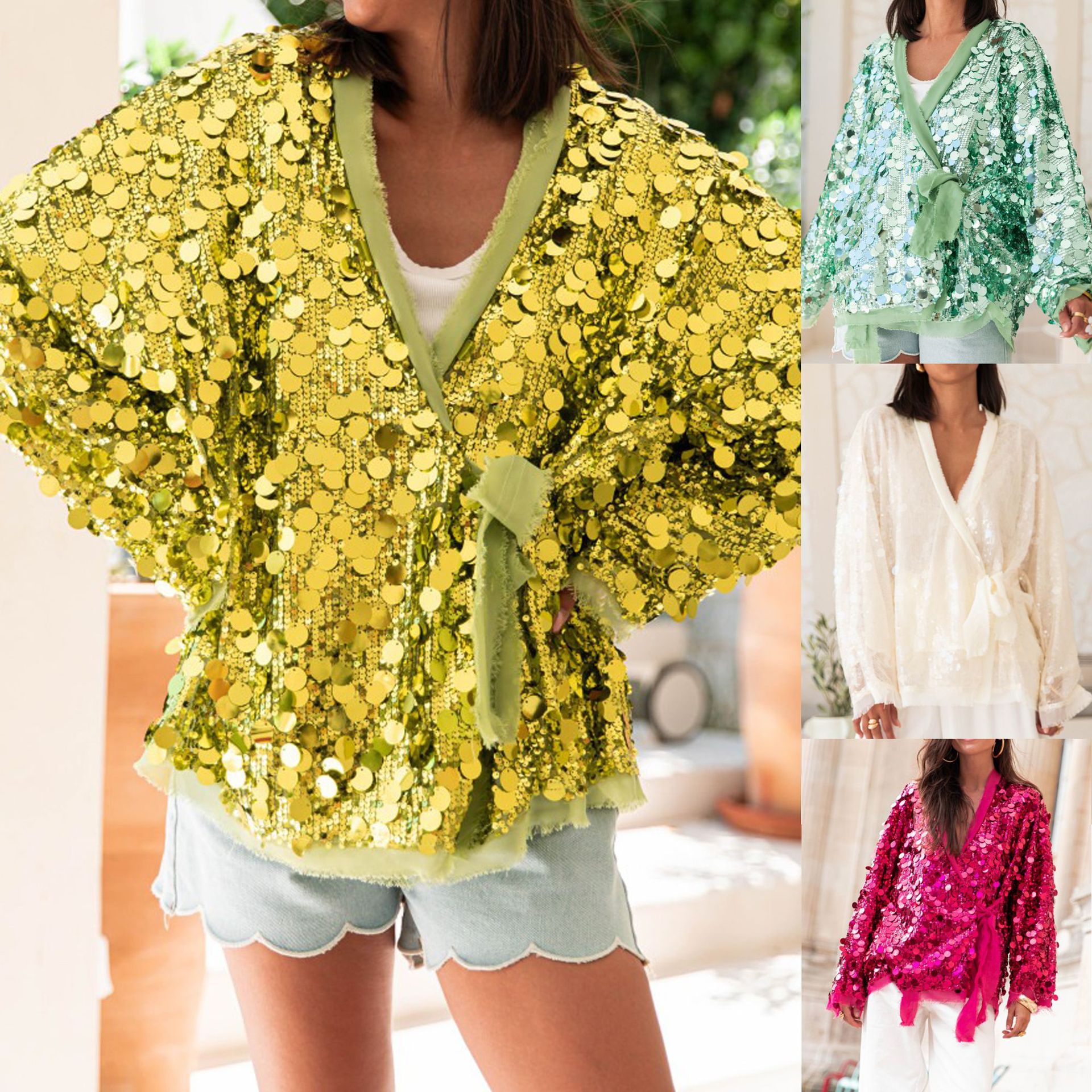 European and American Cross-Border Fashion Casual Versatile Loose Solid Color Sequin Beaded Lace-Up Jacket Su4172