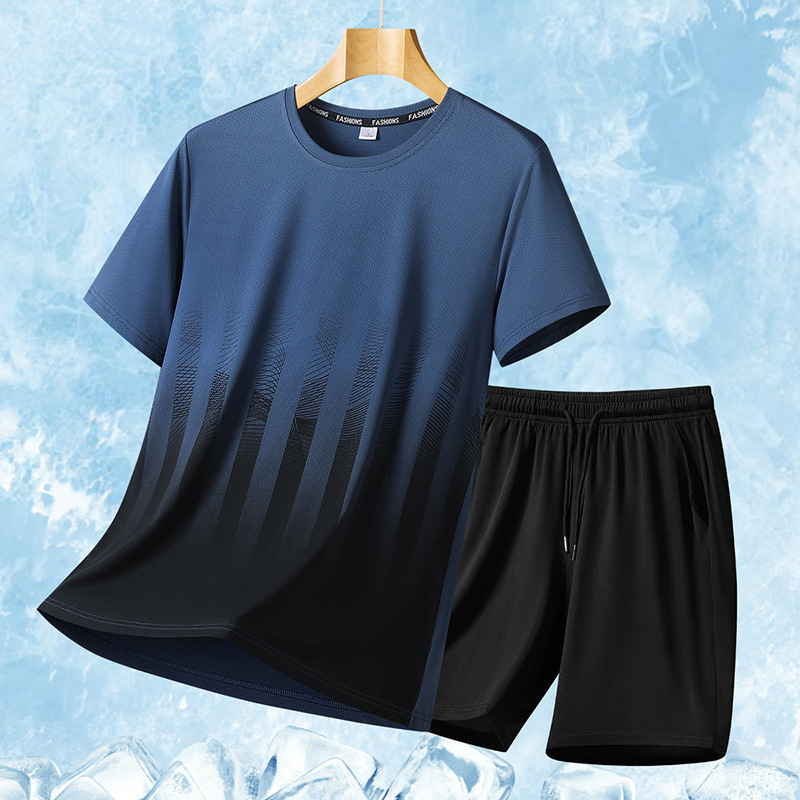 Gran tamaño de verano traje deportivo casual hombre suelto hielo mangas cortas camiseta de hombre pantalones cortos de moda guapo conjunto de dos piezas