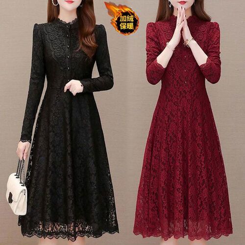Winter and Spring New Fleece and Thick Lace Dress for Petite Women, Cold-Proof and Warm, Complements Overcoat as Base Layer Skirt