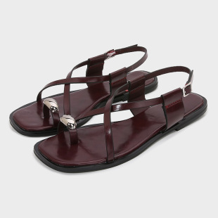 ZA2025 Spring New Women's Shoes Crimson Metal Trim Strap Thong Flat Sandals Outer Beach Sandals