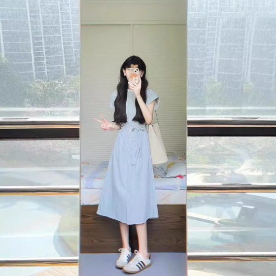 Japanese Striped Short-sleeved Shirt dress Women's 2024 New Summer Niche Design Waist Elegant Mid-length Skirt