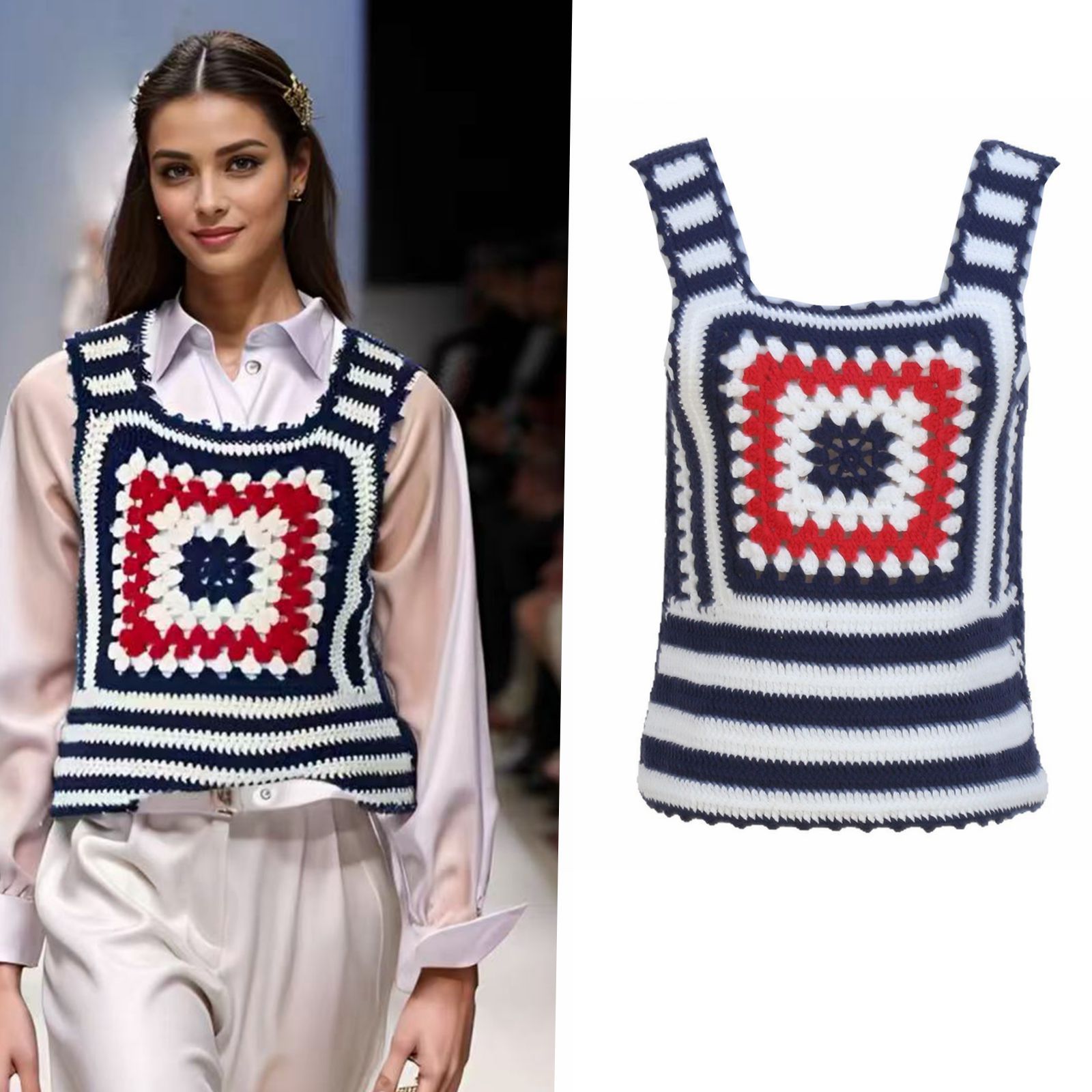 Summer small design ethnic retro knitted vest with a round collar