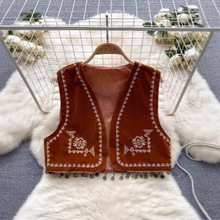 民族风重工刺绣复古流苏马甲波西米亚新疆外搭麂皮绒坎肩短款开衫