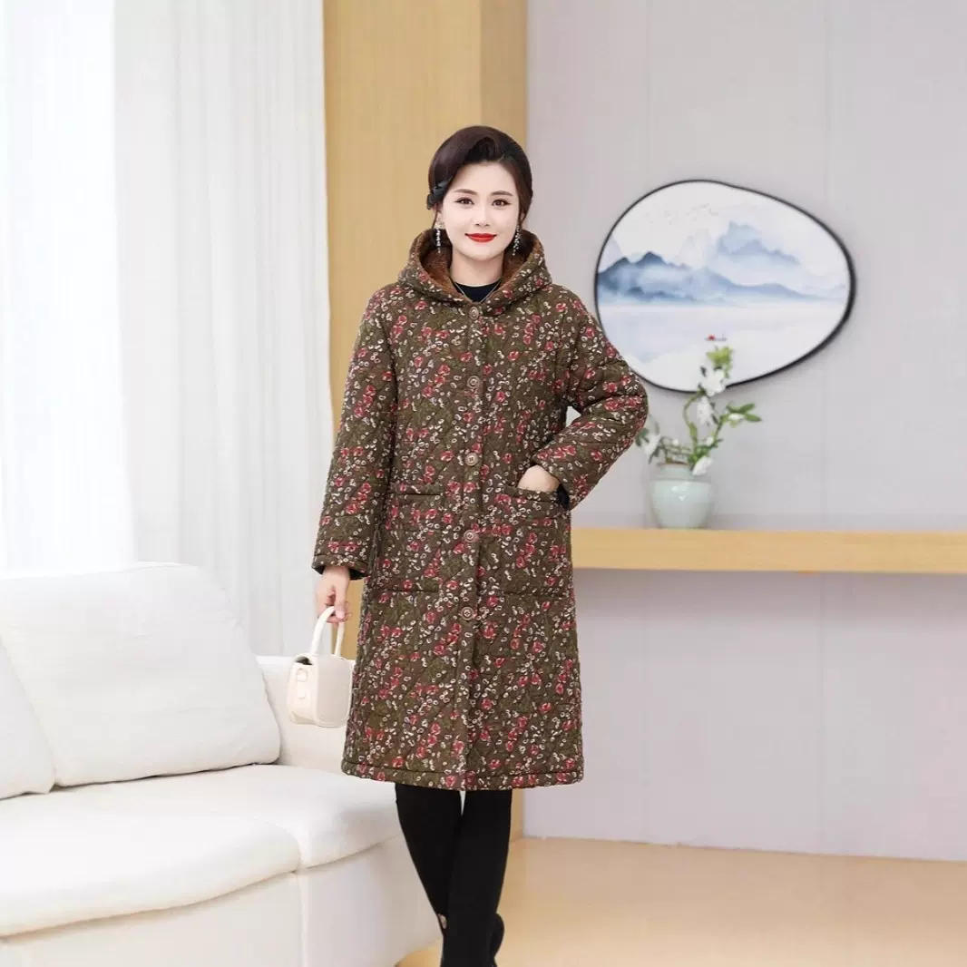 中老年妈妈秋冬花色棉服中长款连帽加绒棉袄女士休闲加厚棉衣外套