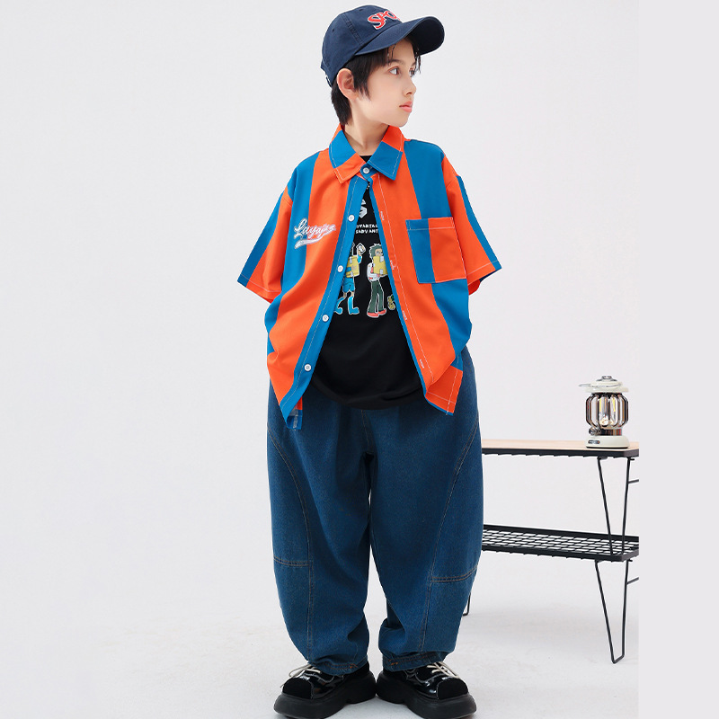 街舞儿童潮服嘻哈潮牌童装条纹衬衫套装男童少儿流行舞演出服女孩