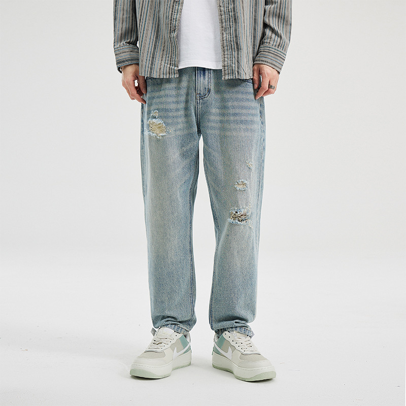 American Retro Ripped Cropped Jeans for Men Summer 2025 New Whiskered Washed Tapered Pants Men's Trousers