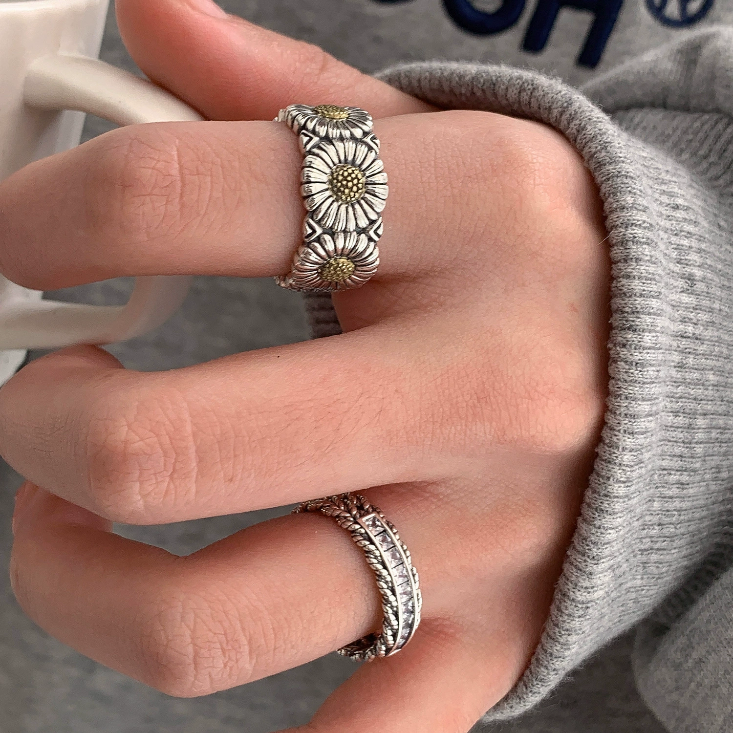 retro fashionable geometric ring hip-hop style, silver 925 sample, on index finger
