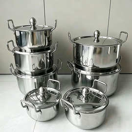 跨境套装锅不锈钢双耳汤锅家用加厚多规格可堆叠7件套CookwareSet