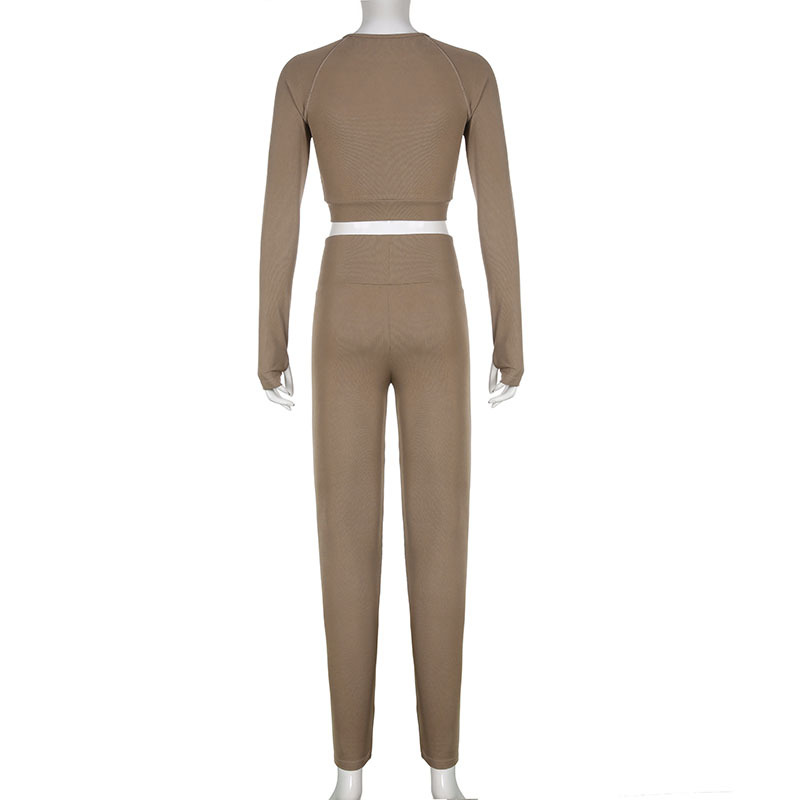 Solid Color Tight Letter Graphic Zhang Zi round Neck Long Sleeve Short Top High Waist Skinny Trousers Sports Yoga Two Piece Set