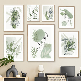Simple Nordic Plant Small Fresh Living Room Decorative Painting Line Painting Core Modern Green Leaf Plant Geometric Hanging Painting
