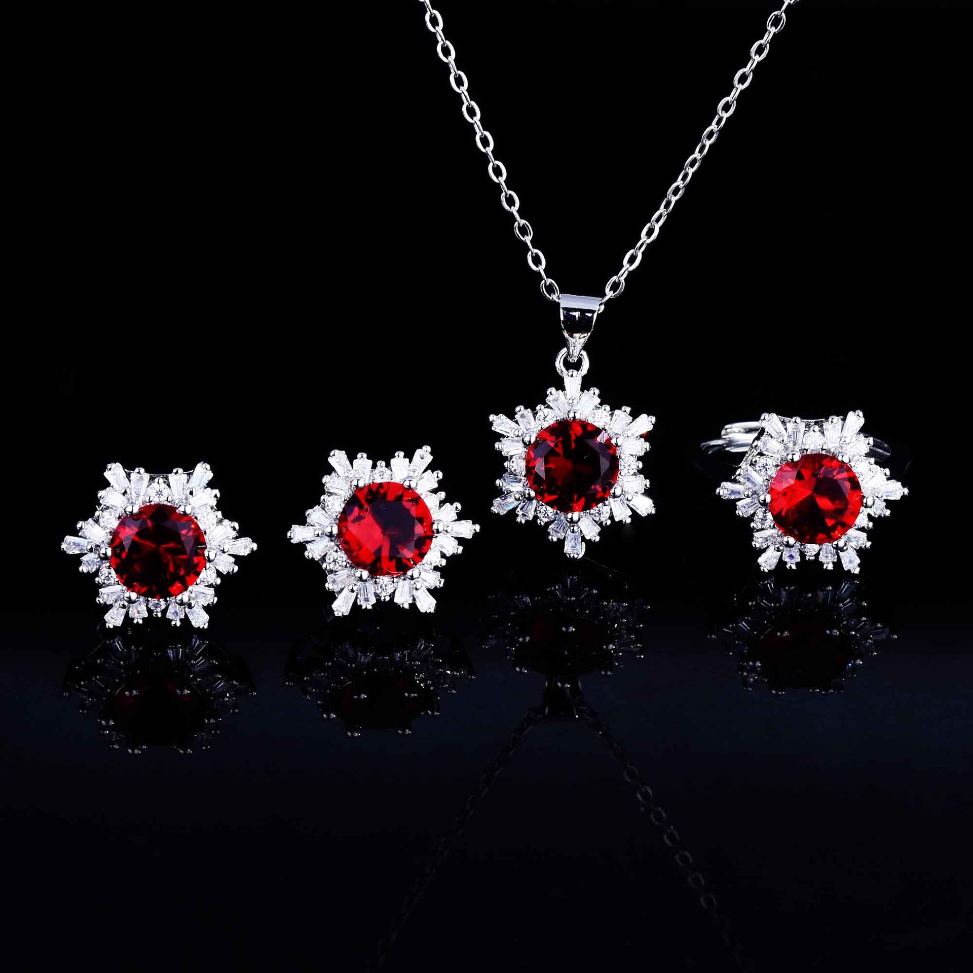 European And American Bride Ornament Dance Ladies Full Rhinestone Zircon Necklace Earring Ring Creative Snowflake Colored Gems Set display picture 22