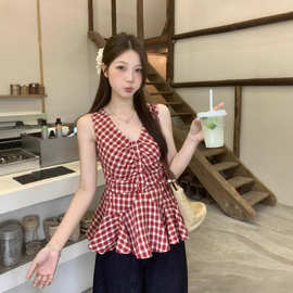 大码女装法式复古红色格子无袖背心收腰显瘦设计感V领上衣