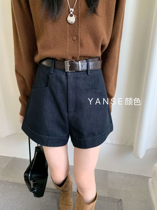 牛仔短裤女秋季新款韩版高腰显瘦百搭A字阔腿遮肉复古休闲阔腿裤|undefined
