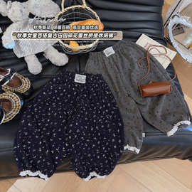 2026春秋新款女童碎花拼接蕾丝休闲裤韩系复古保暖百搭长裤