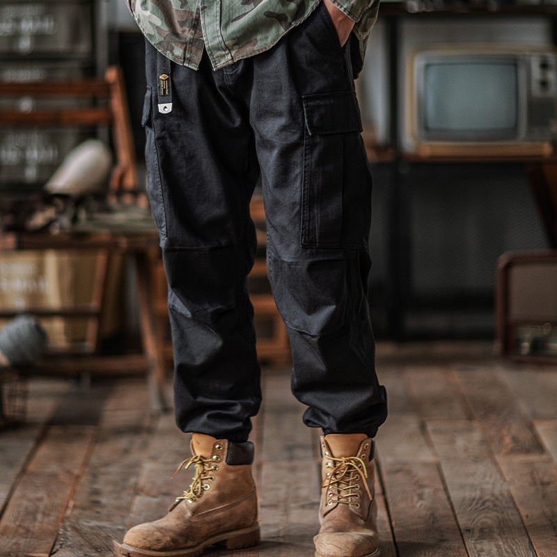 骆驼男装纯工装裤男士春夏季宽松黑色户外运动束脚运动休闲长裤子