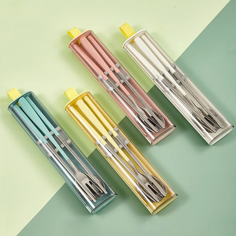 New 304 stainless steel portable tableware chopsticks spoon suit cutlery box three-piece student printable logo