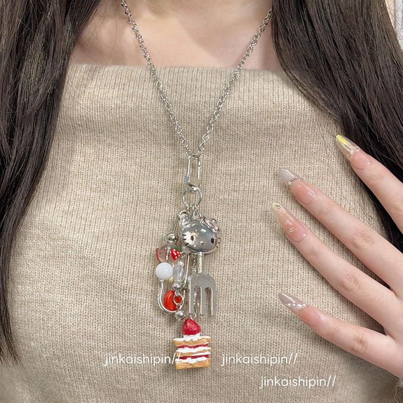 Sweet and Cute Kt Cat Fork Cake Pendant Long Necklace Women's Accessories Niche Design Personalized Sweater Chain Trend