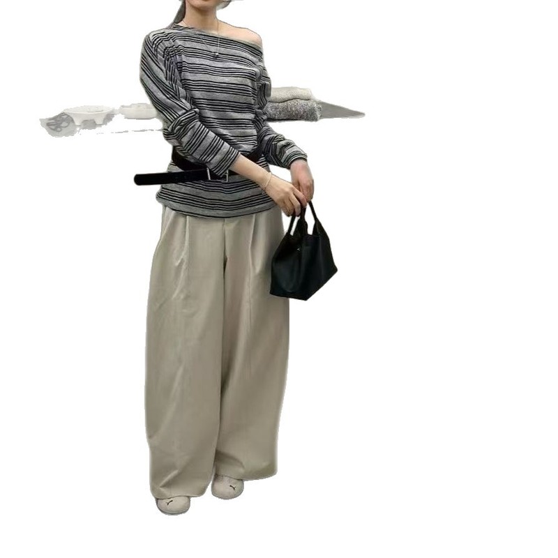 撞色条纹斜肩配腰带长袖T恤女2025早秋新款洋气宽松时尚百搭上衣|undefined