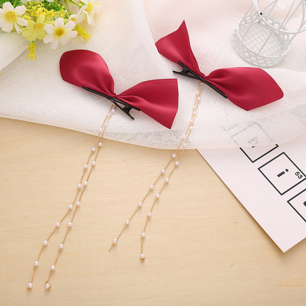 Pearl Tassel Flannel Bow Hairpin 2 Pieces Wholesale Jewelry Nihaojewelry display picture 7