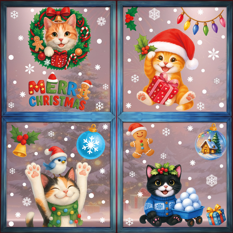 Amazon クリスマスステッカークリエイティブ子猫静電ステッカークリスマスパーティー用品スノーフレークベルガラスステッカー|undefined