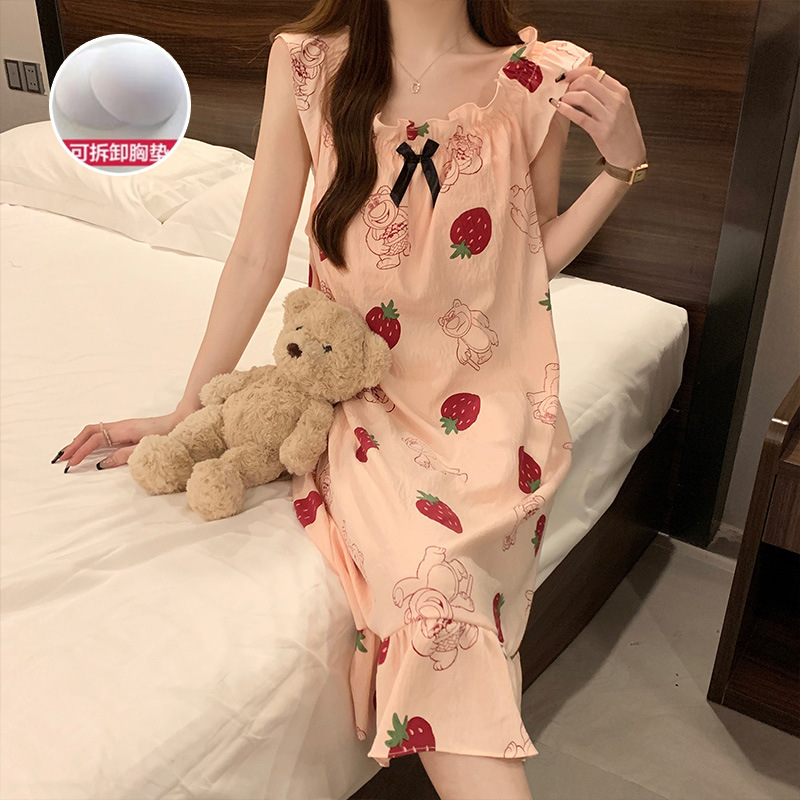 Camisón de las mujeres vestido de mitad de longitud verano dulce Correa linda princesa estilo estudiante con almohadilla en el pecho pijamas vestido entrega en vivo