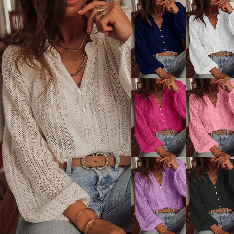 2025 новая модная универсальная рубашка с V-образным вырезом, длинным рукавом и ажурной вставкой, свободного кроя, для весны и осени, Amazon