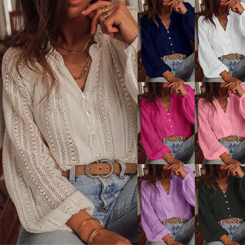2025 Cross-Border Amazon Spring and Autumn New Loose Fashion Versatile Hollow Lace V-Neck Single-Breasted Long-Sleeve Shirt 2025 Cross-Border Amazon Spring and Autumn New Loose Fashion Versatile Hollow Lace V-Neck Single-Breasted Long-Sleeve Shirt