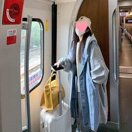 韩版单排扣牛仔拼接连帽外套女慵懒风宽松显瘦长袖上衣中长款