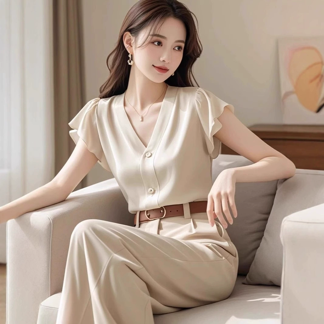 Французская рубашка с v-образным вырезом и короткими рукавами для женщин, лето 2025, новый стиль, доступный роскошный элитный уникальный шикарный нишевый элегантный топ