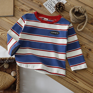Children's Long-sleeved T-shirt Loose Fashionable Autumn Children's Contrast Color Stripe Western Style Spring Crewneck Top Casual Children's Wear