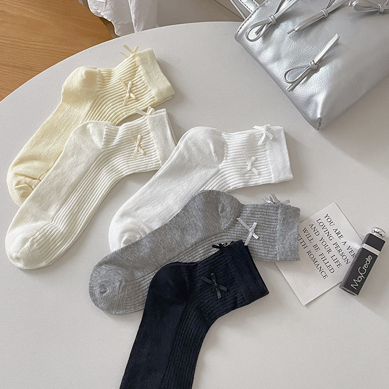 白色短襪子夏季女薄款多蝴蝶結襪子miu系純棉女襪網眼日系短筒襪