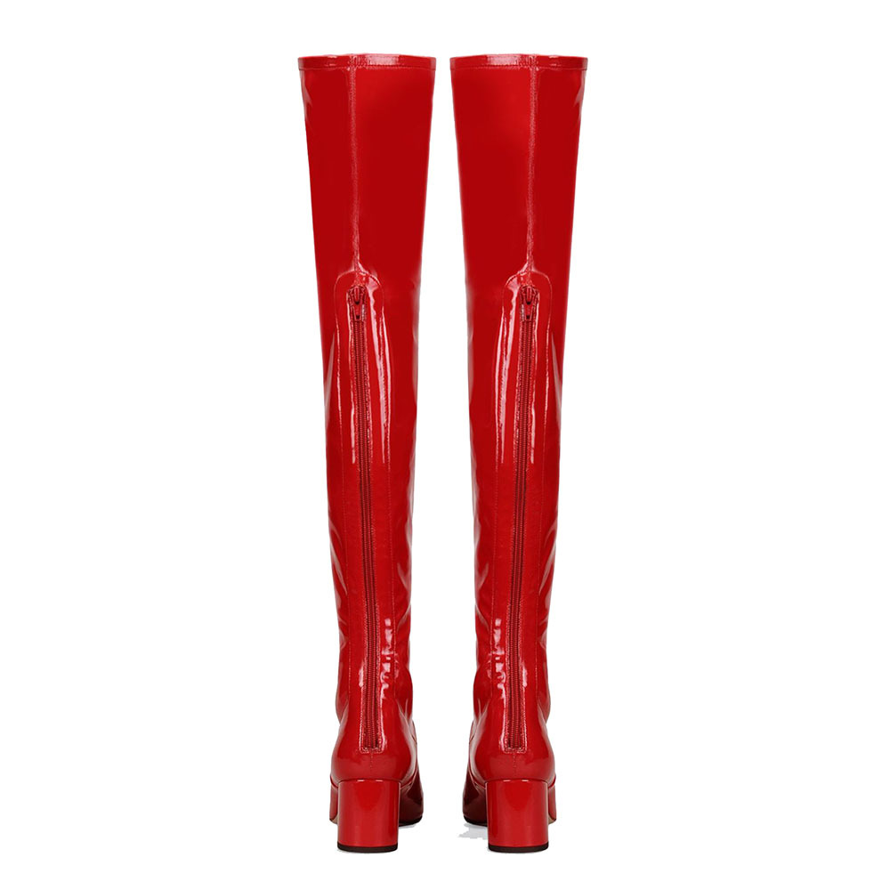 Over the knee boots Red patent leather women's plus leg boots with square heels and zippers_voghion.com