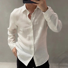 2024夏季男士休闲百搭亚麻衬衫透气清新纯色潮流长袖外套衬衣白色