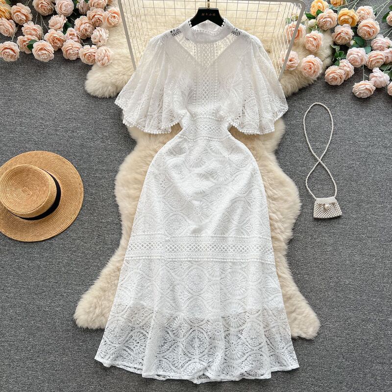 Cross-Border European-Style Elegant Lace Dress for Women, Summer Embroidered Hollow-Out Design, Ruffled Sleeves, Stylish Princess Dress