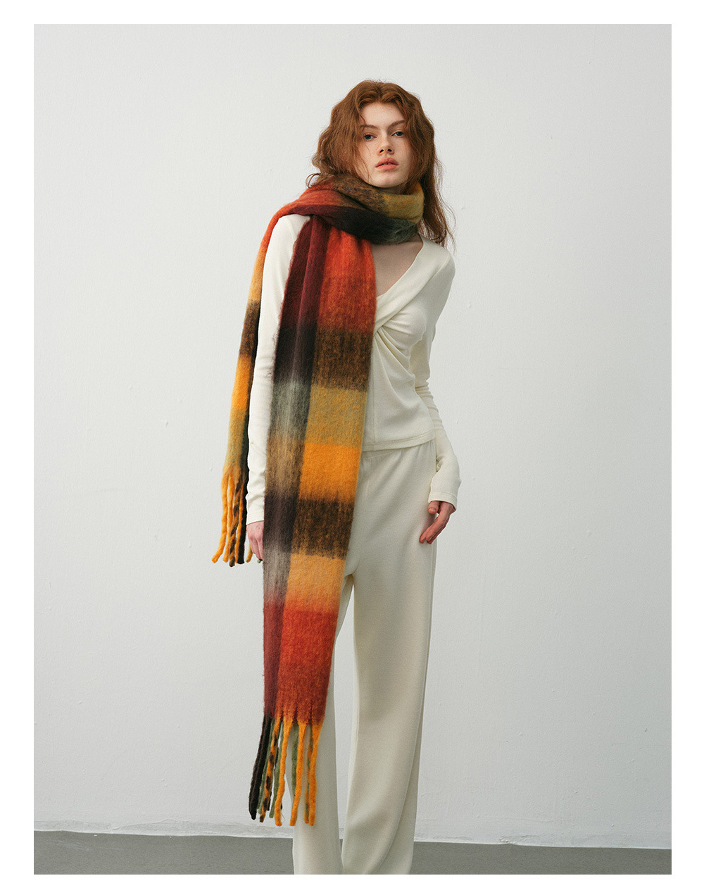 Classic cotton candy rainbow check cashmere scarf Women's Winter soft extended patchwork check bib shawl_voghion.com