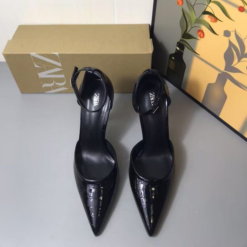 Za2025 Patent Leather Pointed Toe Black High Heels Women's Stiletto Hollow One-Line Toe Sandals Versatile Professional