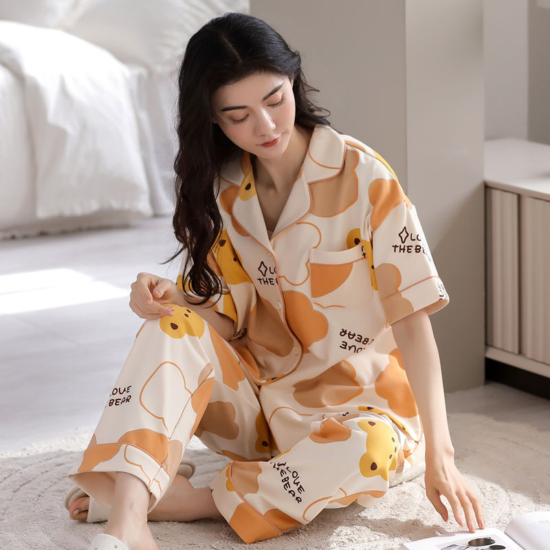 Pijama de mujer algodón de verano de manga corta pantalones cardigans dulces de alto valor facial conjunto de ropa para el hogar