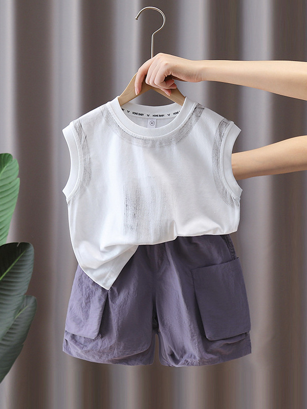 7372 Traje de verano para niños 2025 Nueva ropa sin mangas de verano Chaleco y pantalones cortos de dos piezas de verano