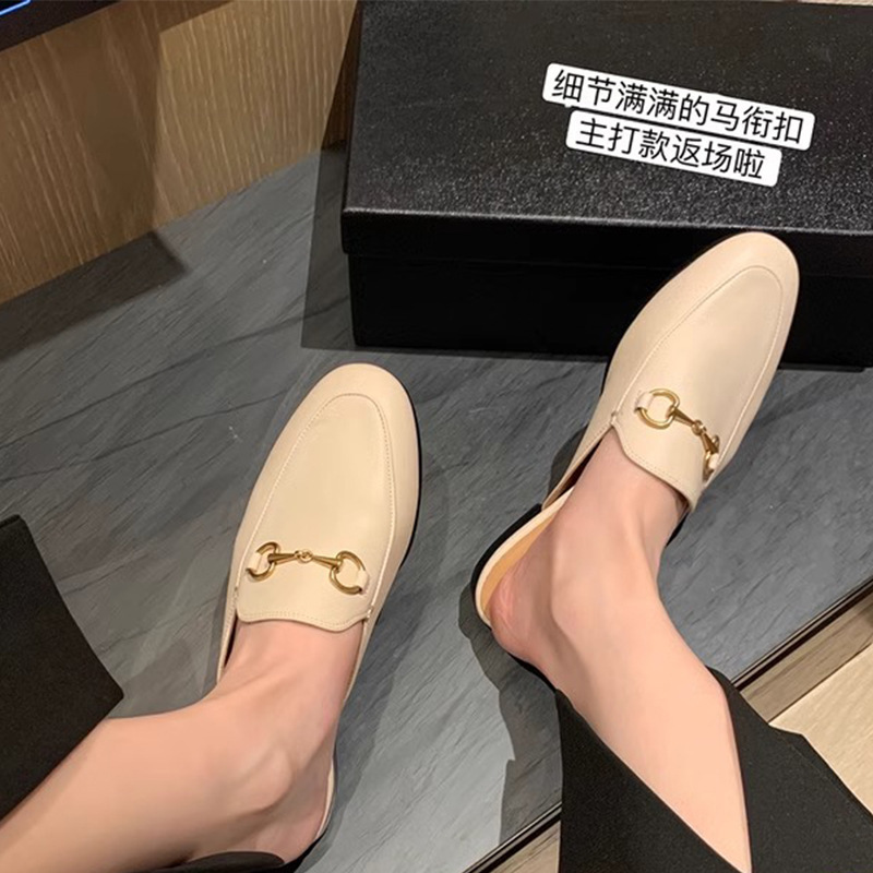 Grape Mom 2024 Spring New Slip-on Lefu Baotou Flat-bottomed Horse Buckle Mueller Half Slippers for Women