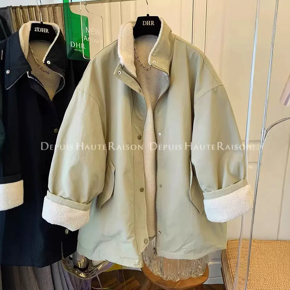 超好看工装风羊羔毛棉服棉衣宽松保暖大衣中长款外套女2024冬