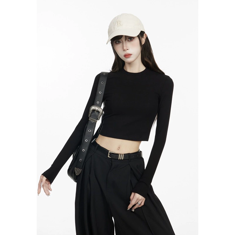 2025 Корейский стиль новая тонкая длинная футболка для женщин весенний короткий стиль универсальный внутренний слой верхняя одежда