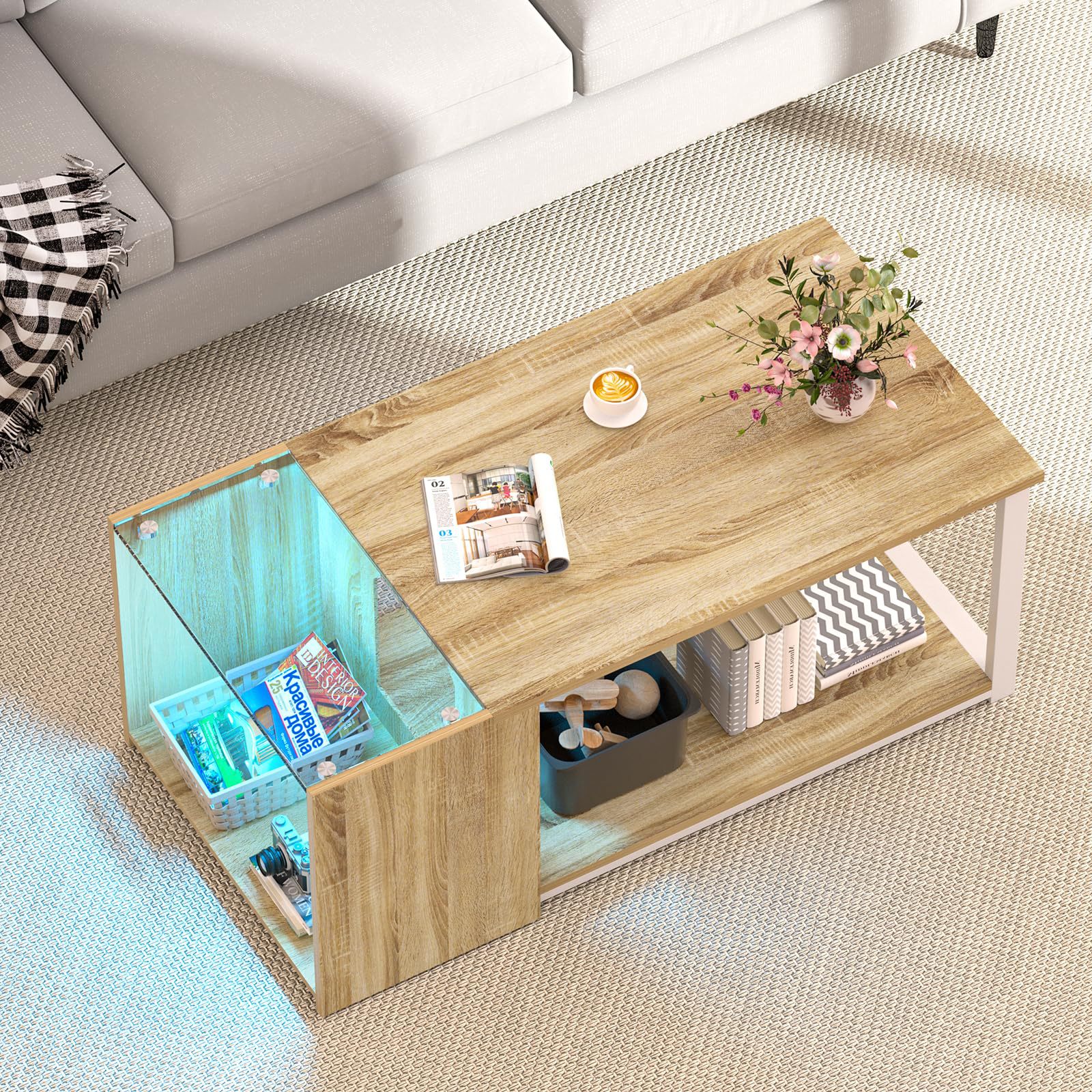Modern coffee table rectangular glass wooden surface led lamp…