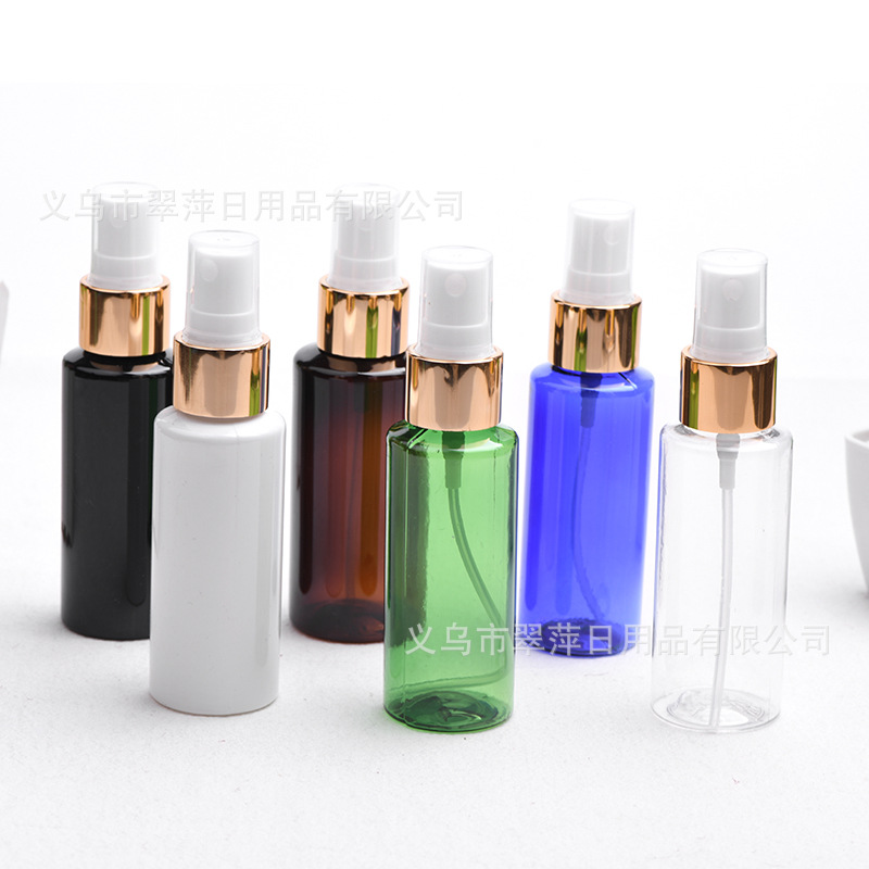 工厂直供 50ml毫升平肩塑料瓶 彩色PET瓶配20牙电化铝喷头 现货